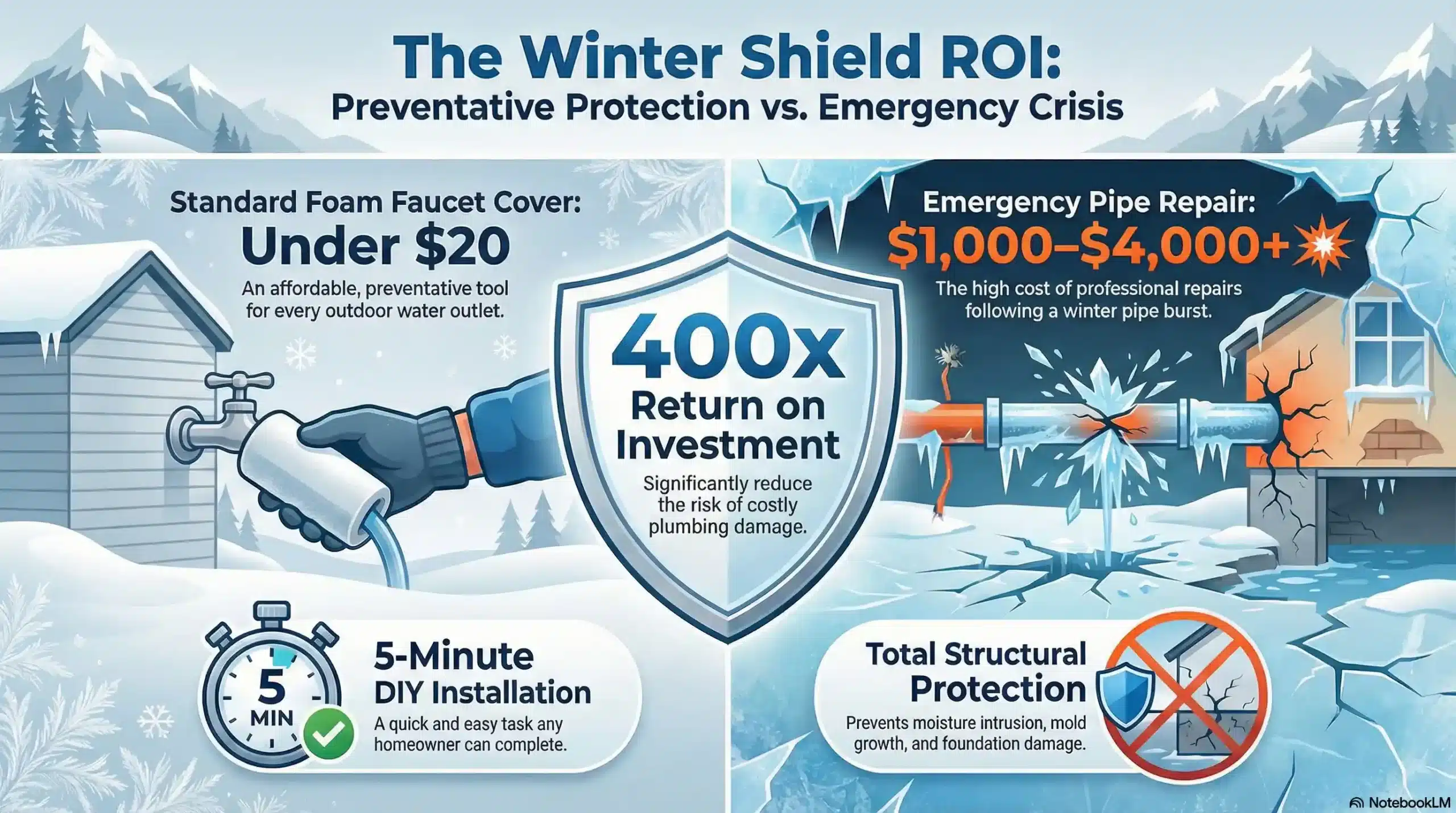 Infographic comparing the low cost of outdoor faucet covers to the high cost of burst pipe repairs.
