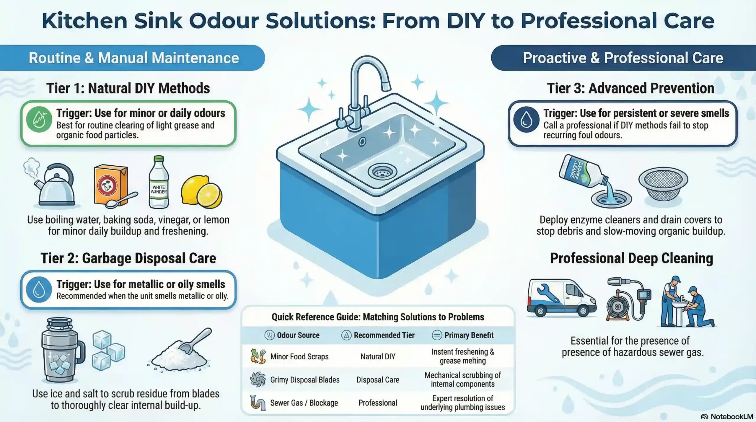 Infographic showing 7 ways to deodorize kitchen sink drains including baking soda, vinegar, and garbage disposal cleaning.