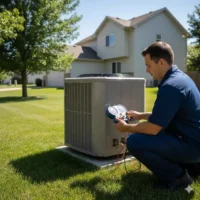 Licensed HVAC technician inspecting a residential air conditioning unit in Greeley, Colorado during peak summer heat.