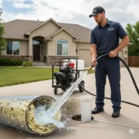 Licensed plumber performing professional hydro jetting on a residential sewer line in Greeley, Colorado, using high-pressure equipment to remove grease buildup, mineral scale, and tree roots.