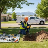 Licensed plumber inspecting a residential sewer line during repair in a Greeley, Colorado neighborhood.