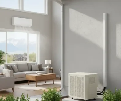 Ductless mini split system installed in a Northern Colorado home showing indoor air handler and outdoor compressor unit.