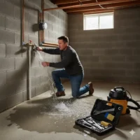 Homeowner shutting off main water valve during a burst pipe emergency in a Greeley, Colorado basement.