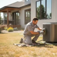 HVAC technician cleaning outdoor AC condenser unit during maintenance in Northern Colorado summer