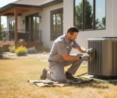 HVAC technician cleaning outdoor AC condenser unit during maintenance in Northern Colorado summer