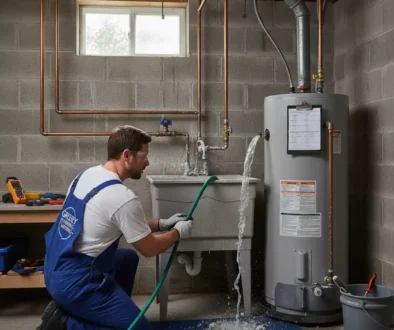 Licensed plumber flushing a tank water heater to remove sediment buildup during annual maintenance in a Greeley home