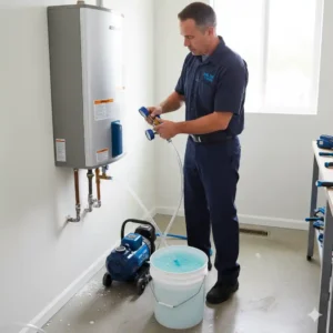 Technician performing tankless water heater maintenance with flushing system in a Greeley Colorado home