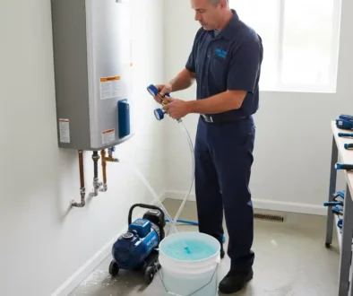 Technician performing tankless water heater maintenance with flushing system in a Greeley Colorado home