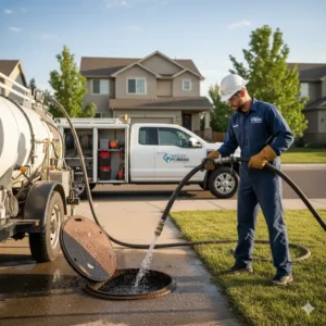 Main drain cleaning service in Greeley CO with plumber using hydro jetting equipment