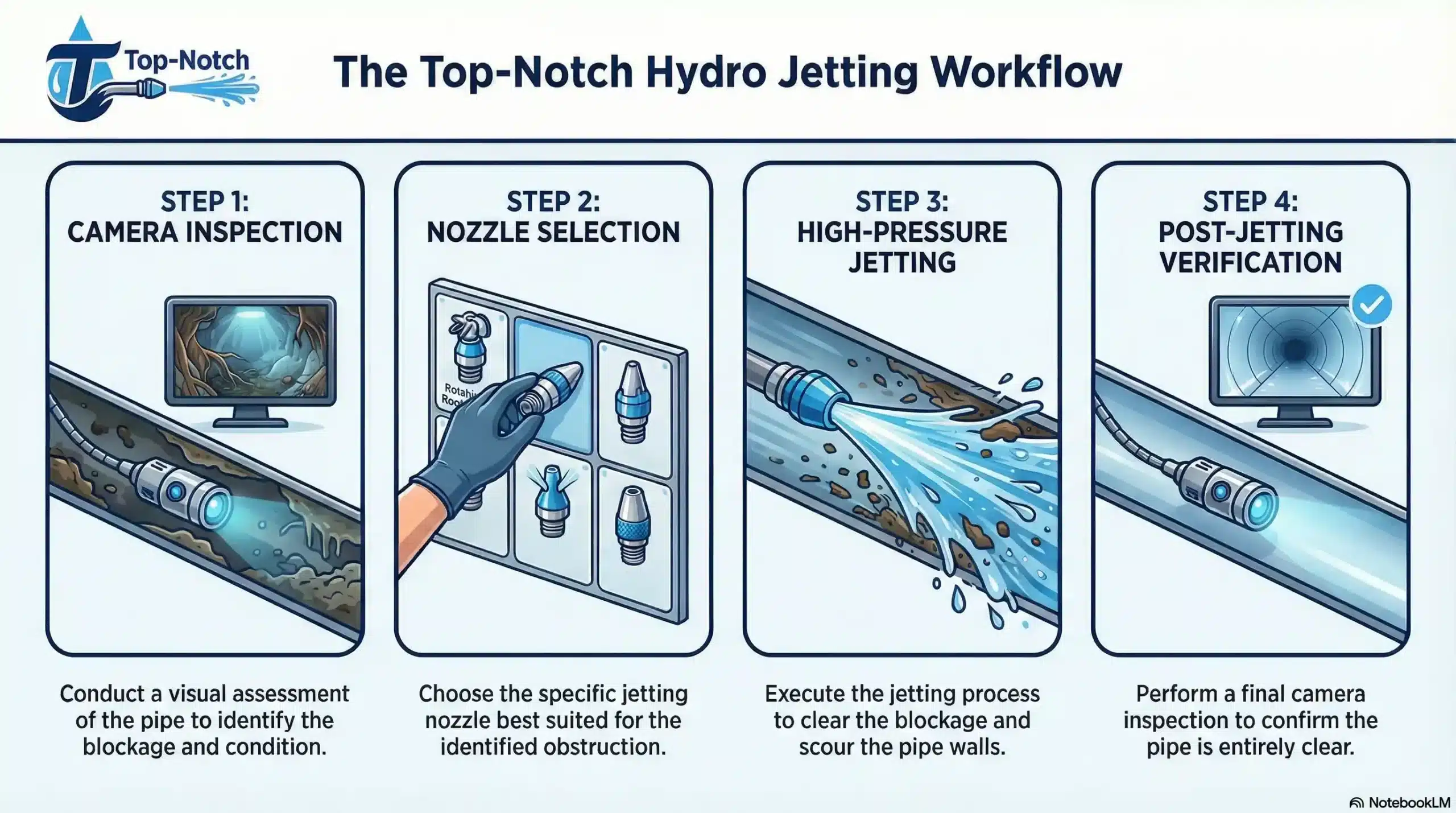 Four-panel graphic showing the Top-Notch hydro jetting process: camera inspection, nozzle selection, jetting execution, and post-jetting verification.