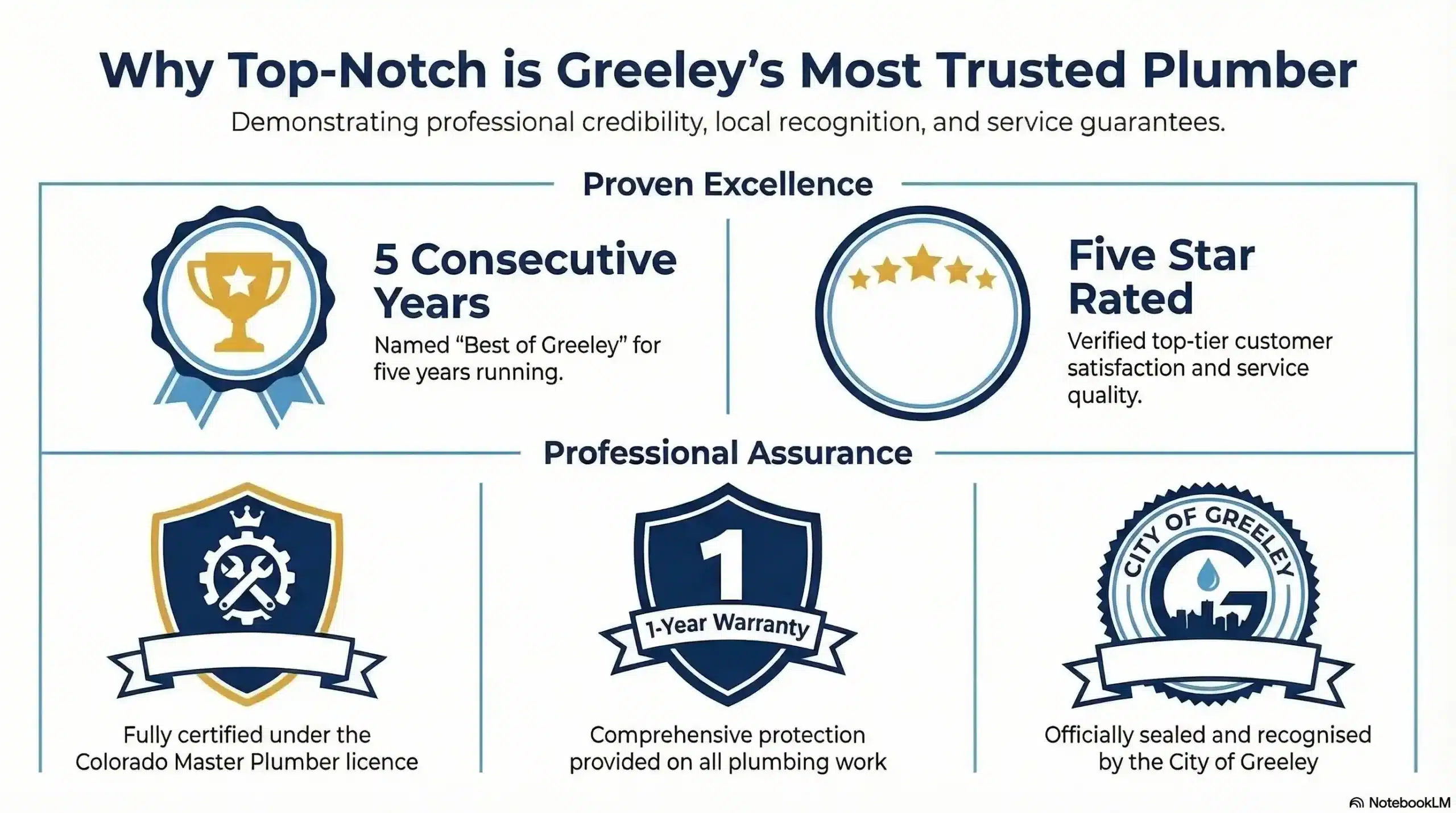Badge grid showing Top-Notch's five trust icons: Best of Greeley trophy, Master Plumber badge, city seal, 1-year warranty shield, and 5-star rating