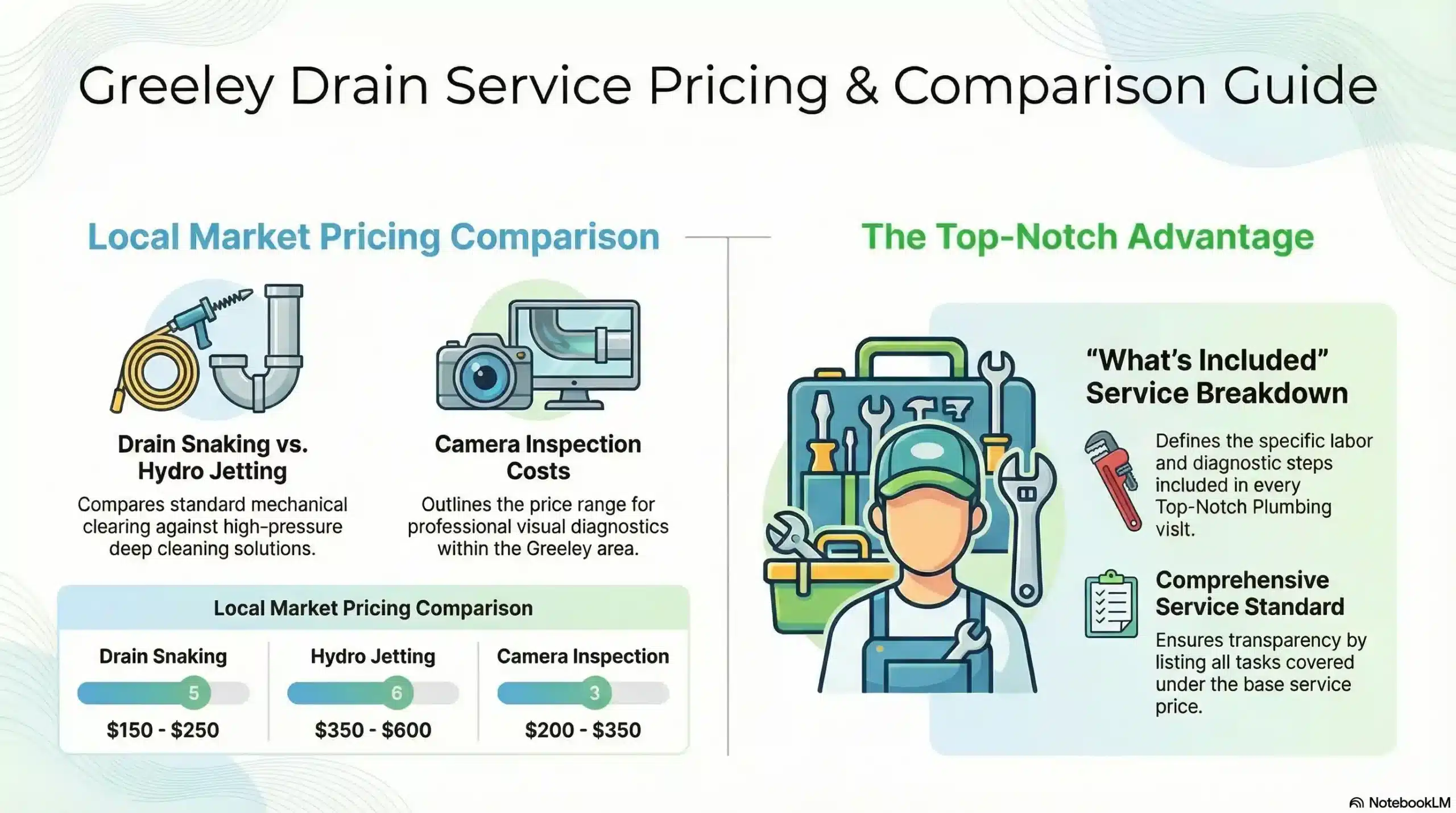 Chart comparing prices for drain snaking, hydro jetting, and camera inspections in Greeley, CO