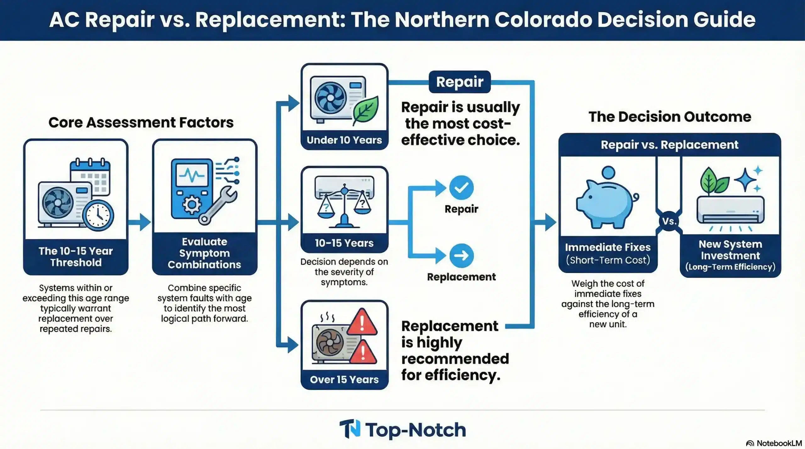 A navy and blue decision-tree flowchart guiding homeowners on whether to repair or replace an AC unit based on its age and symptoms