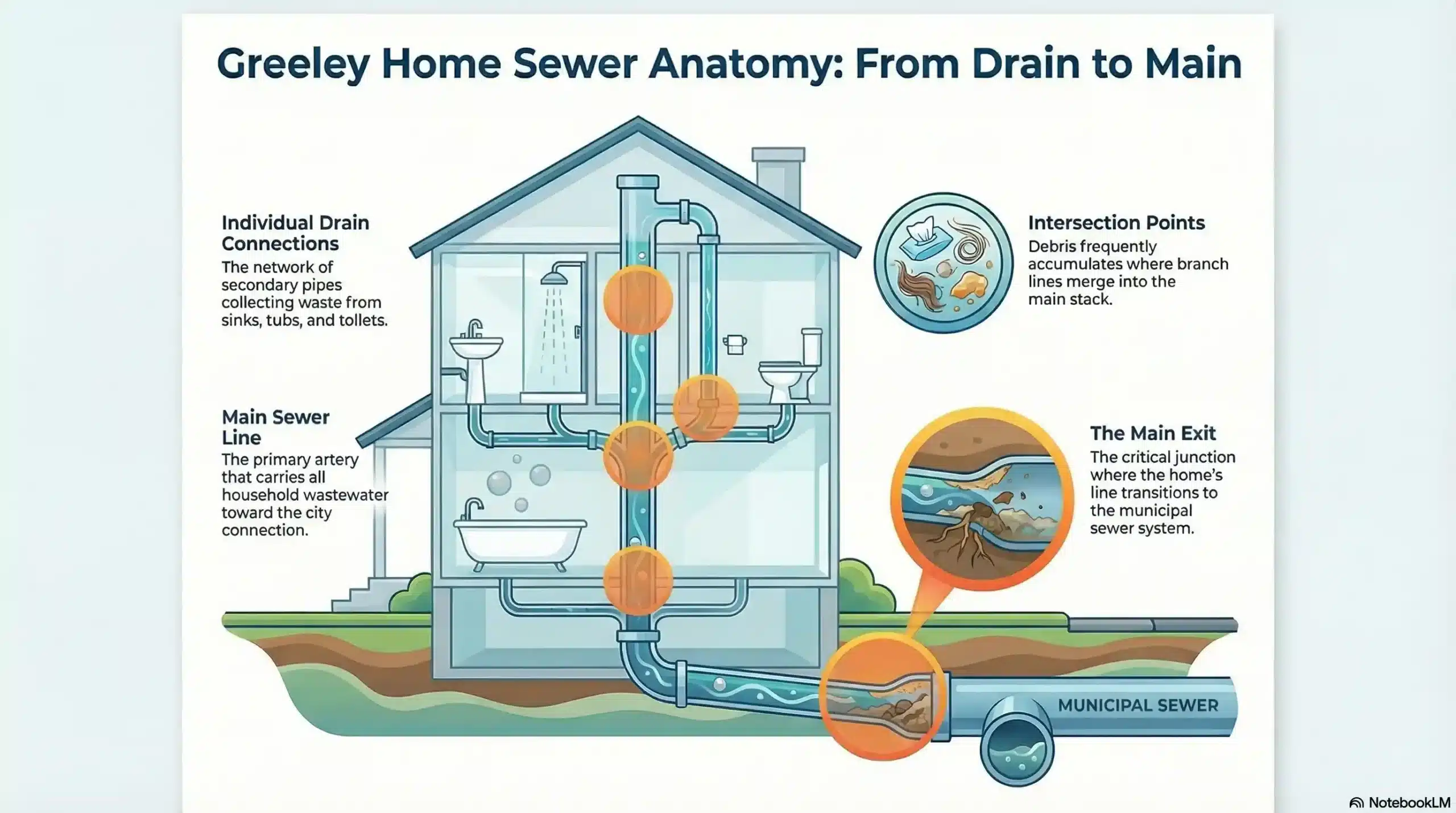 Cross-section diagram of a home's drain and sewer system, indicating common blockage points.