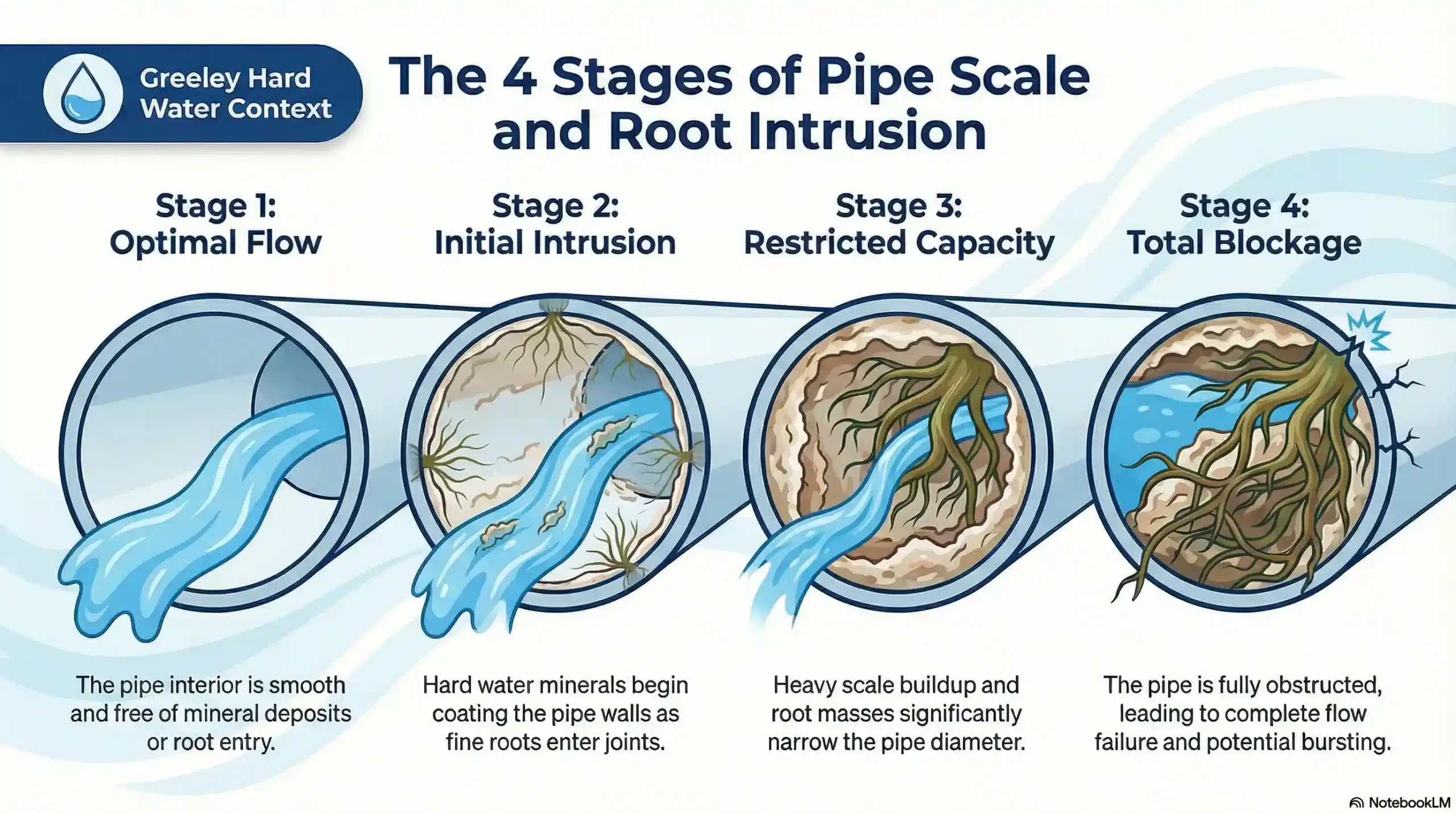 Alt Text: Cross-section diagram showing four stages of mineral scale and root buildup in Greeley residential pipes, from clean to fully obstructed.