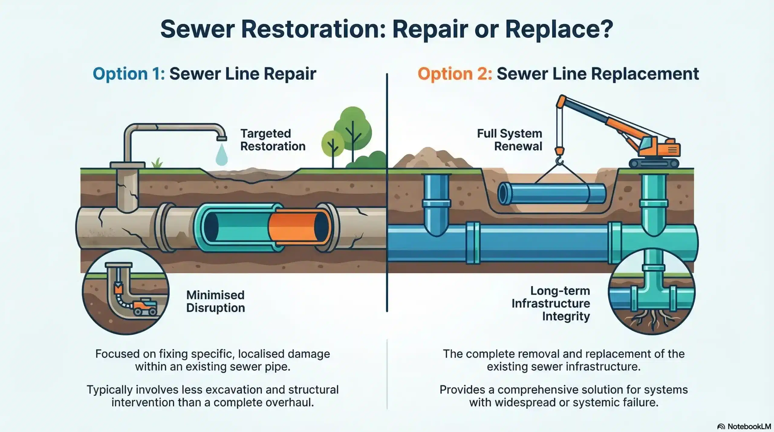 Infographic outlining a visual decision guide for sewer line repair versus replacement.