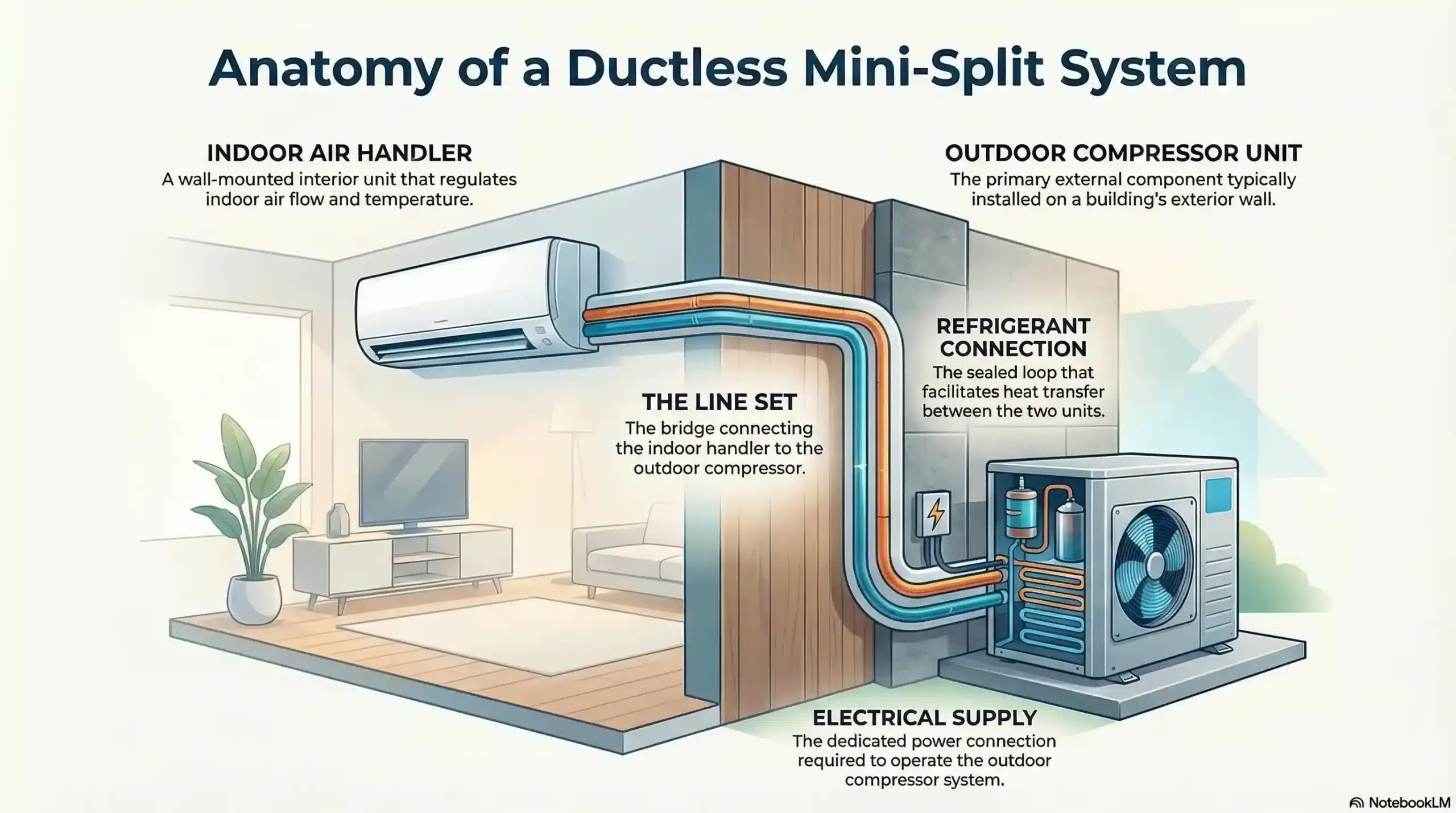 Diagram showing a ductless mini-split system with an indoor air handler and outdoor compressor connected by a line set on a house, featuring labeled electrical and refrigerant connections.