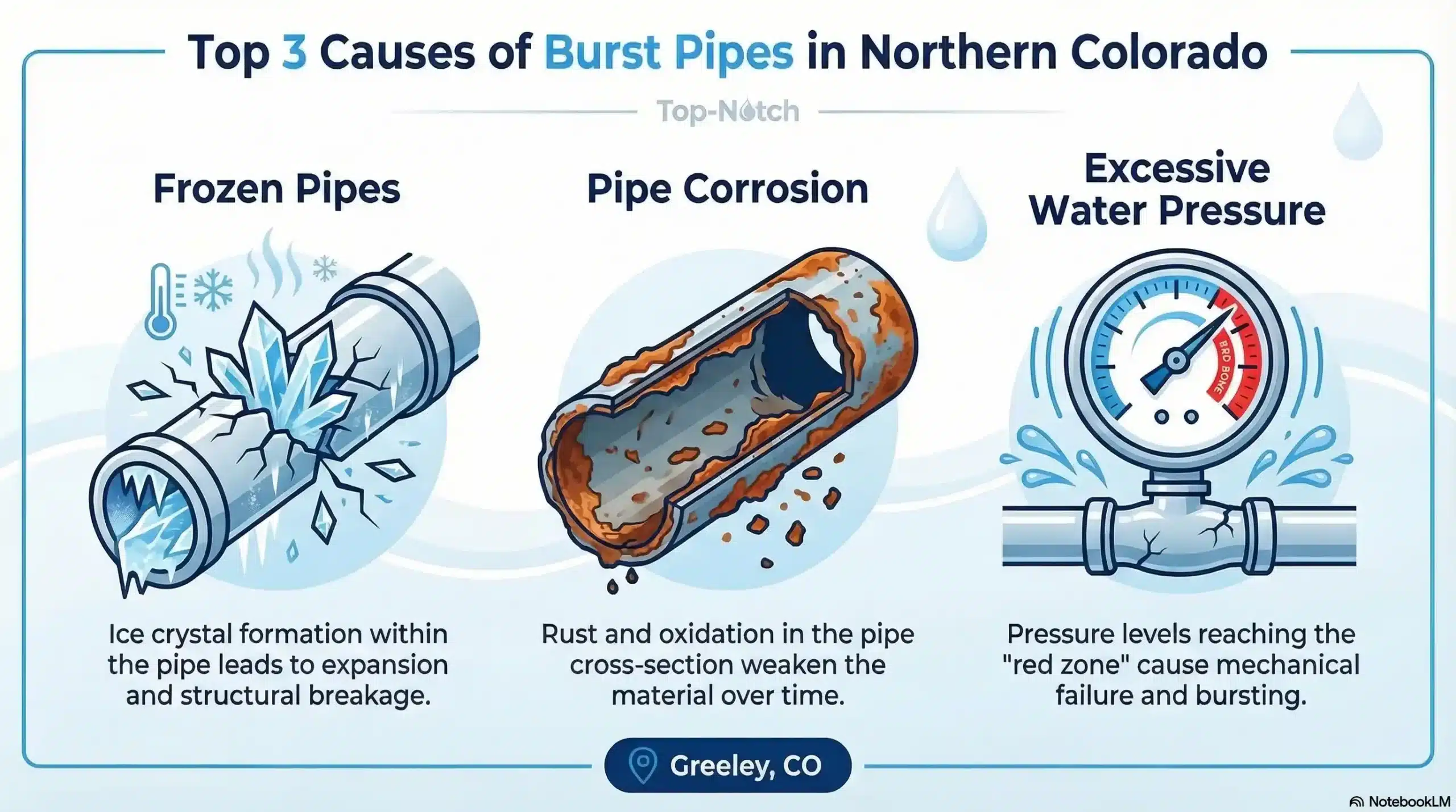 Top-Notch branded infographic showing three icons for burst pipe causes: a frozen pipe, a rusty pipe, and a high-pressure gauge, with a Greeley, CO tag