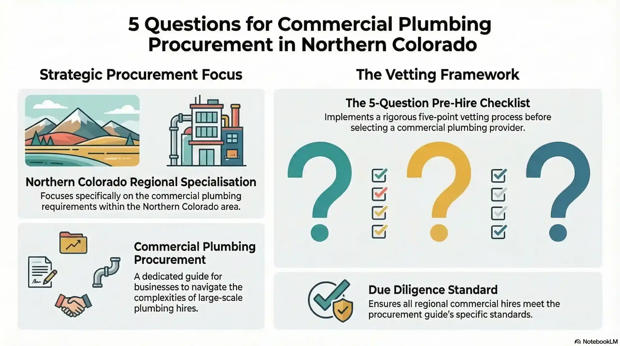 Infographic outlining 5 questions for hiring a commercial plumber in Northern Colorado