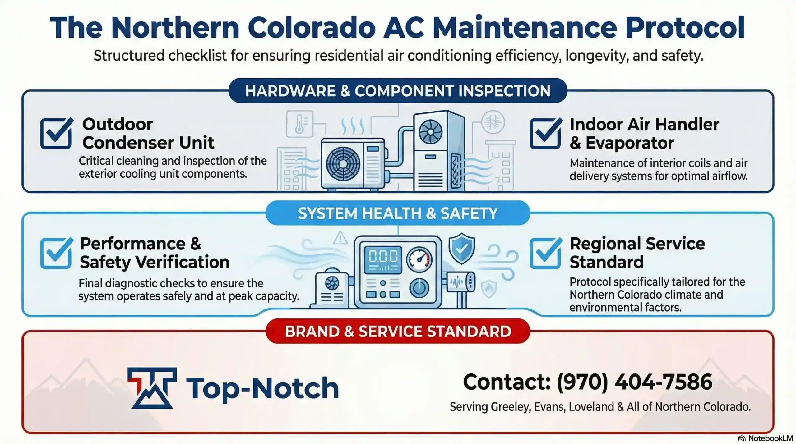 Top-Notch AC maintenance checklist detailing tasks for the outdoor unit, indoor air handler, and system performance, including contact info