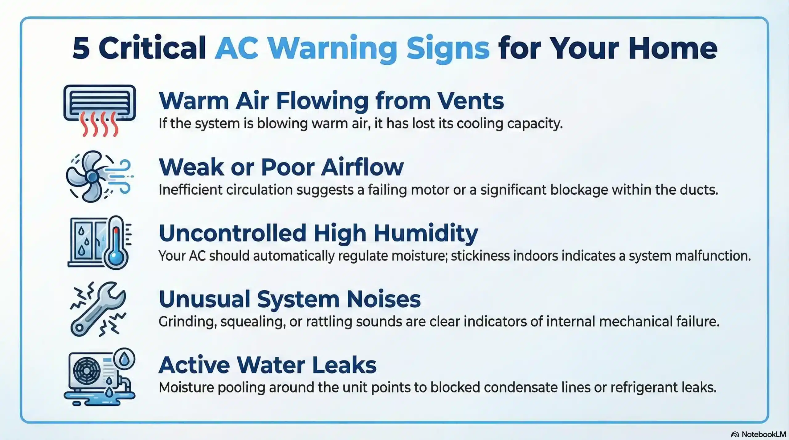 Infographic listing five AC warning signs: warm air, weak airflow, unusual noises, high humidity, and water leaks.