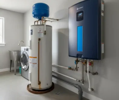 Water heater lifespan comparison showing old tank unit and modern tankless system in a residential utility room