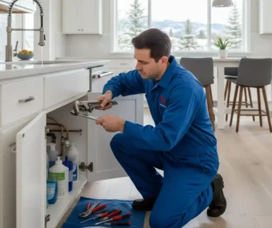 Licensed plumber repairing a leaking kitchen faucet in a Northern Colorado home