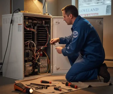 HVAC technician repairing a residential furnace in Loveland Colorado basement during winter
