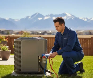 A licensed Top-Notch HVAC technician performing a comprehensive preventative AC tune-up on a residential outdoor condenser unit in a Greeley, Colorado backyard.