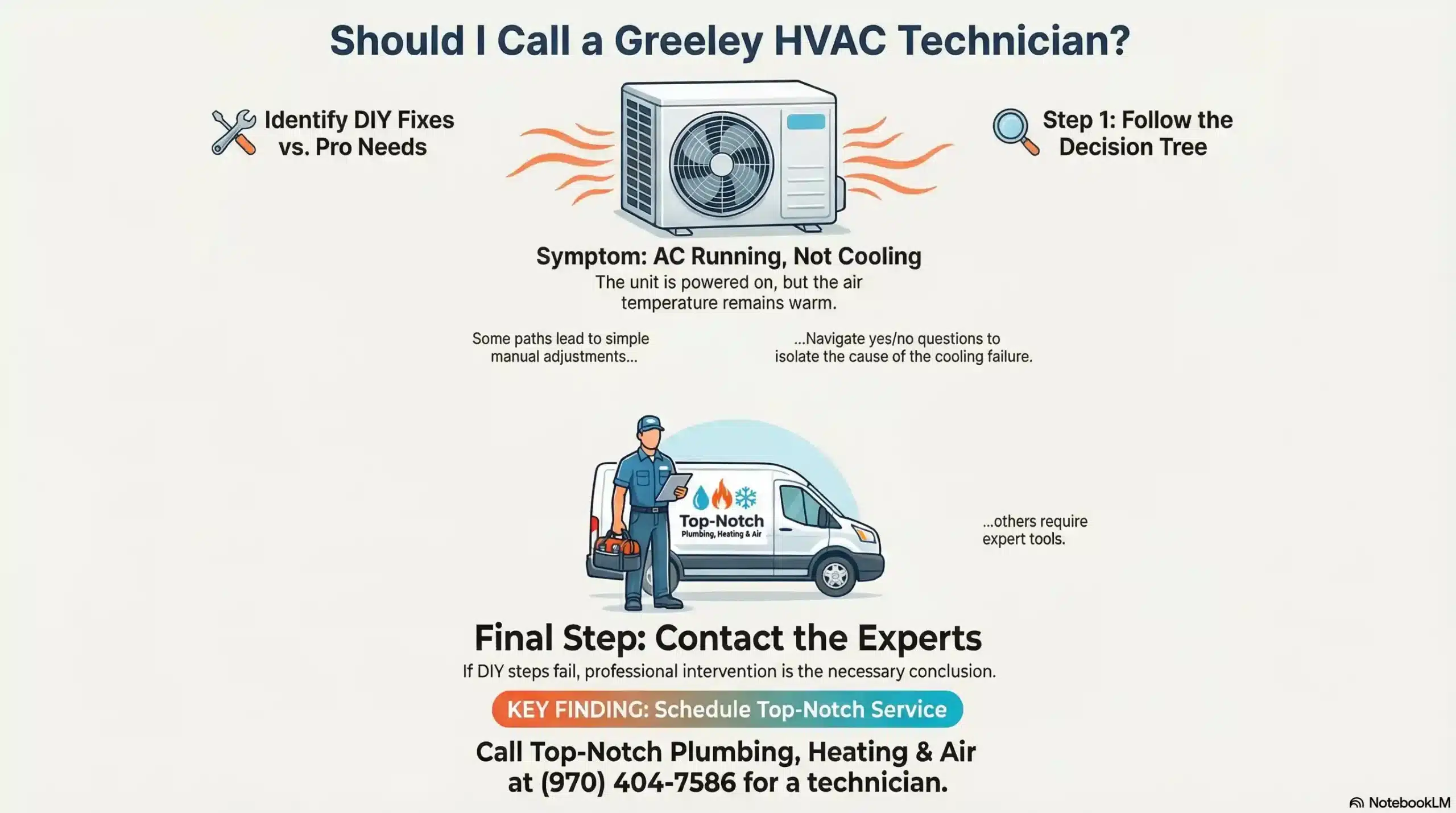 A visual flowchart guiding homeowners from the symptom "AC running but not cooling" through diagnostic yes/no questions.