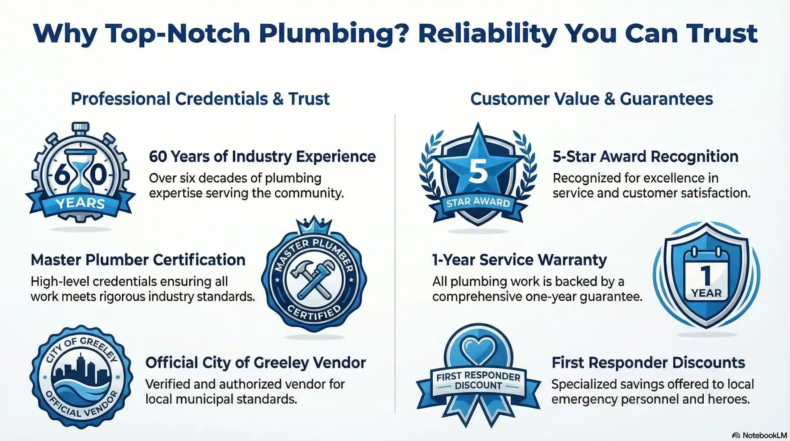 A navy and accent blue infographic showing a 5-Star Award badge, Master Plumber icons, a 60-years experience callout, the City of Greeley vendor seal, a 1-Year Warranty badge, and a First Responder Discount ribbon