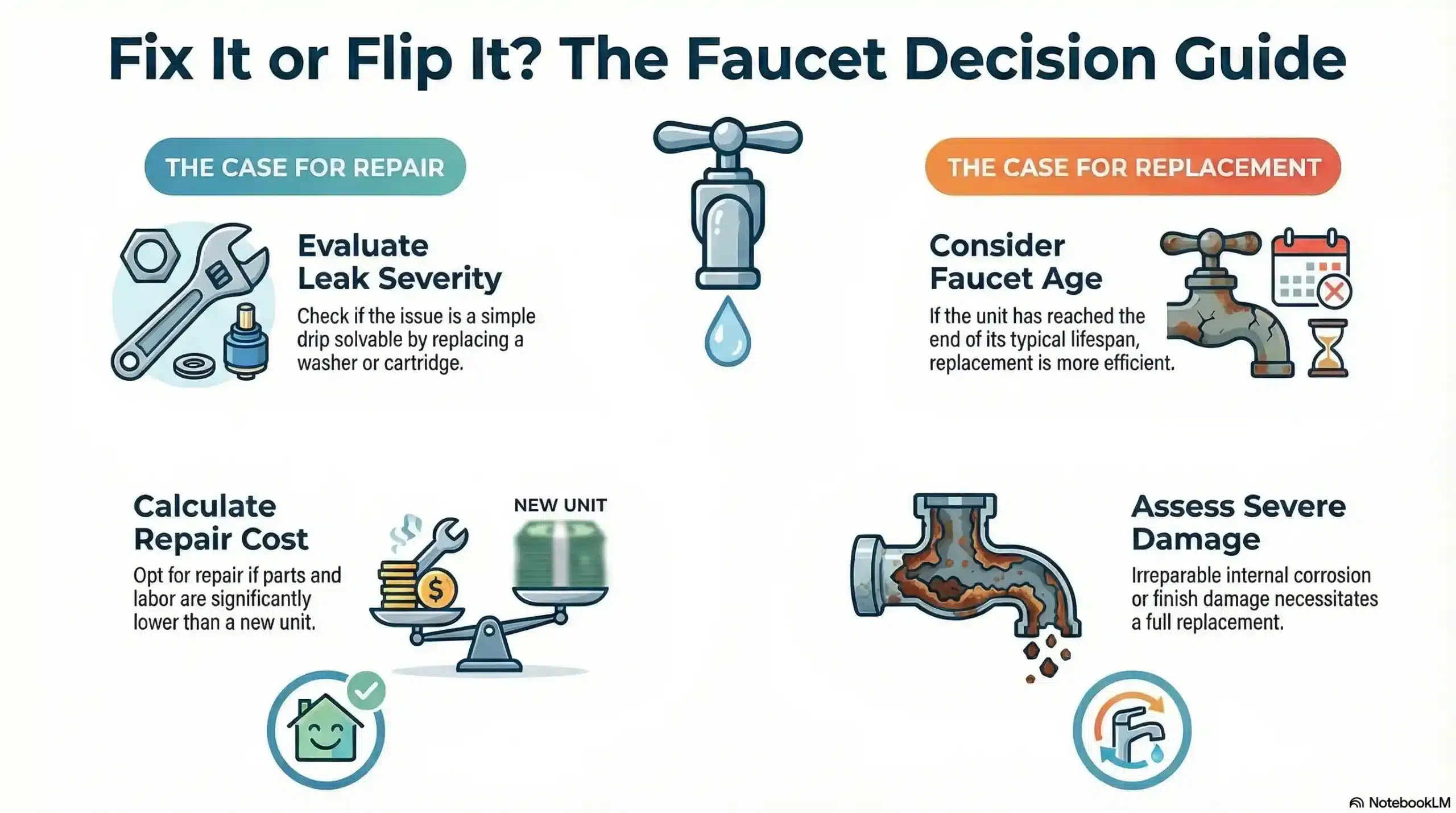Decision-tree infographic using yes/no branching logic to determine if a faucet needs repair or replacement based on age, leak severity, and cost.