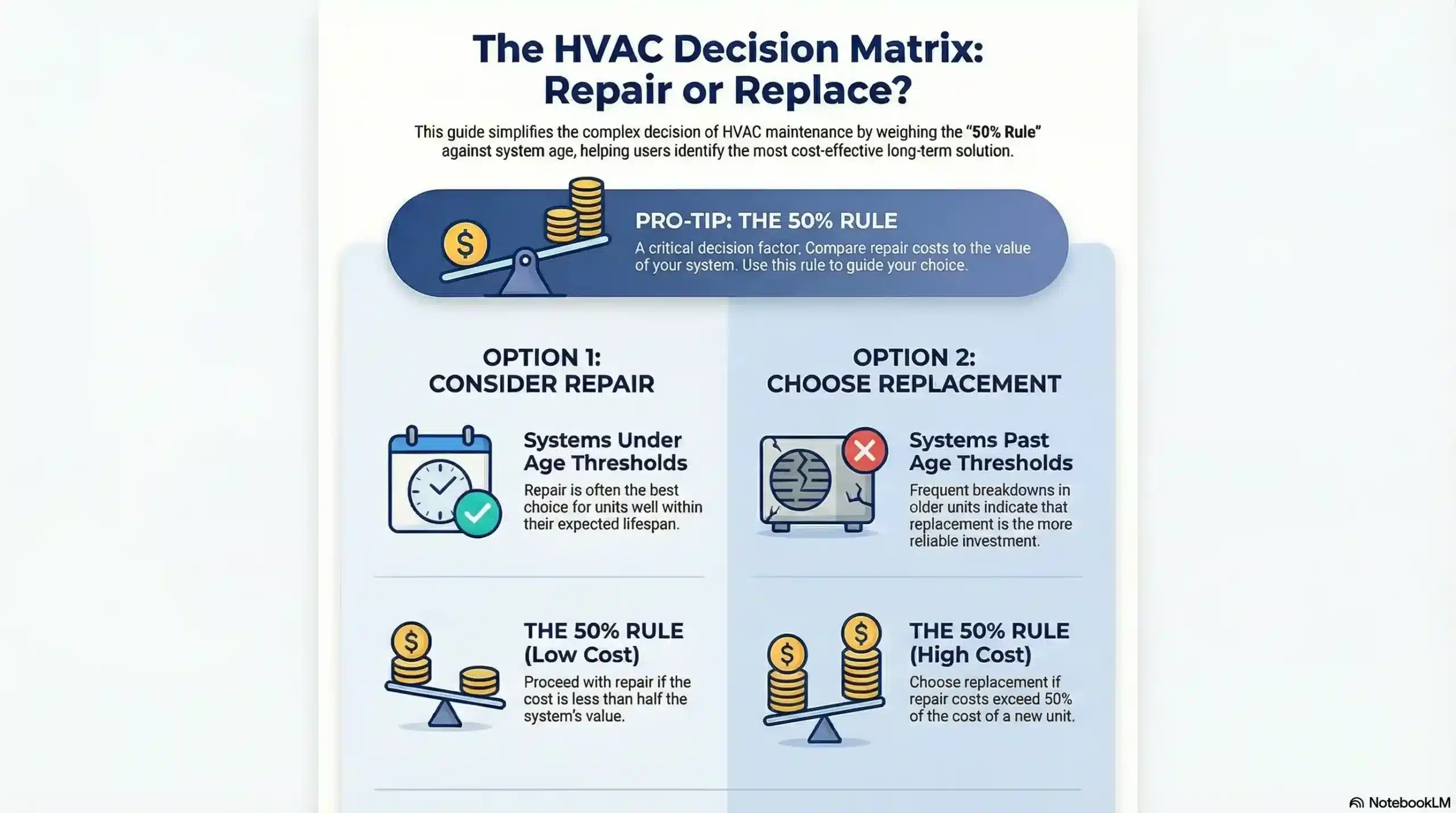 A navy blue, two-column flowchart comparing "Consider Repair" and "Choose Replacement" scenarios, featuring age thresholds and a 50% Rule callout
