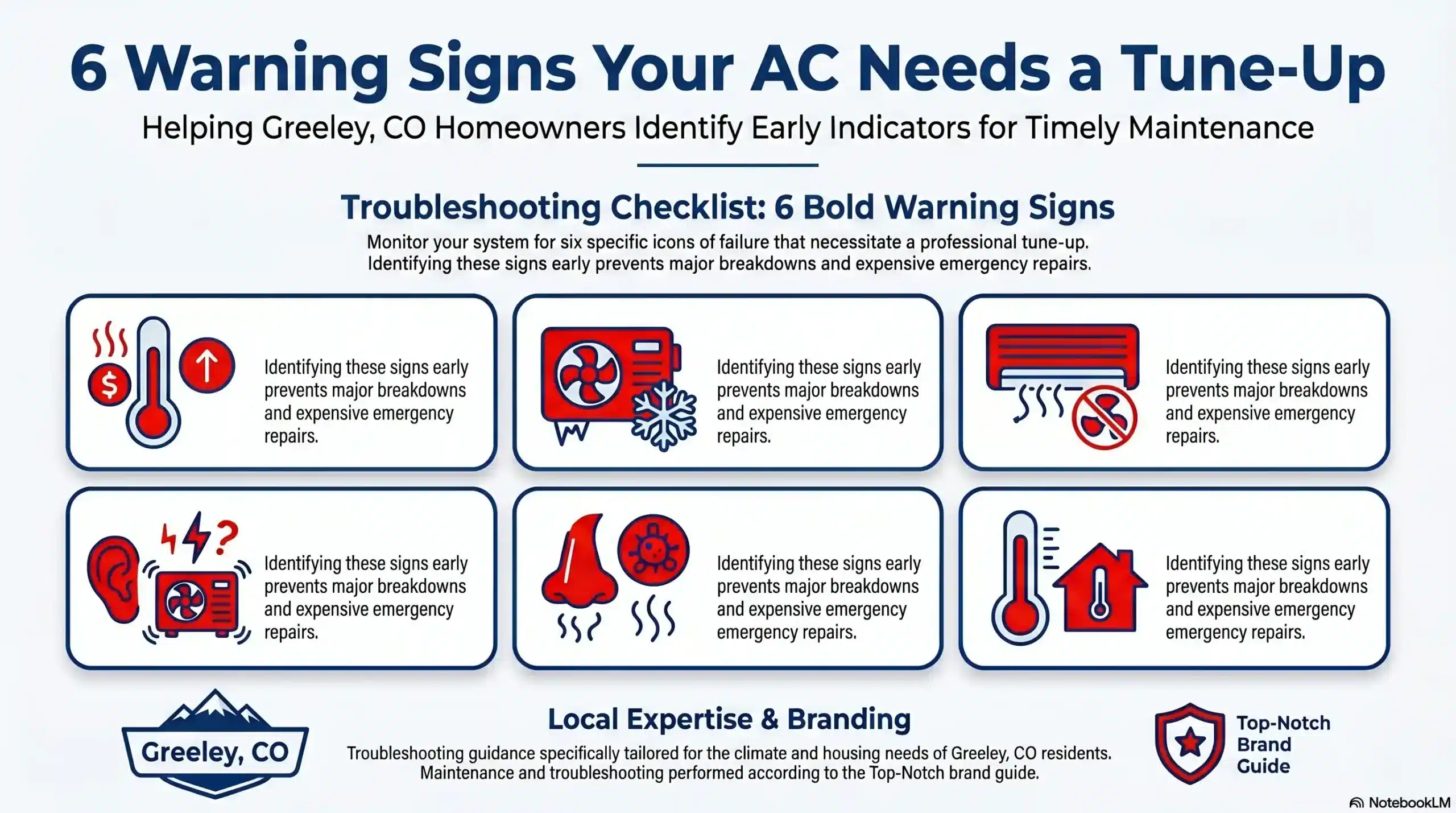 Top-Notch AC warning signs visual checklist with 6 bold icons