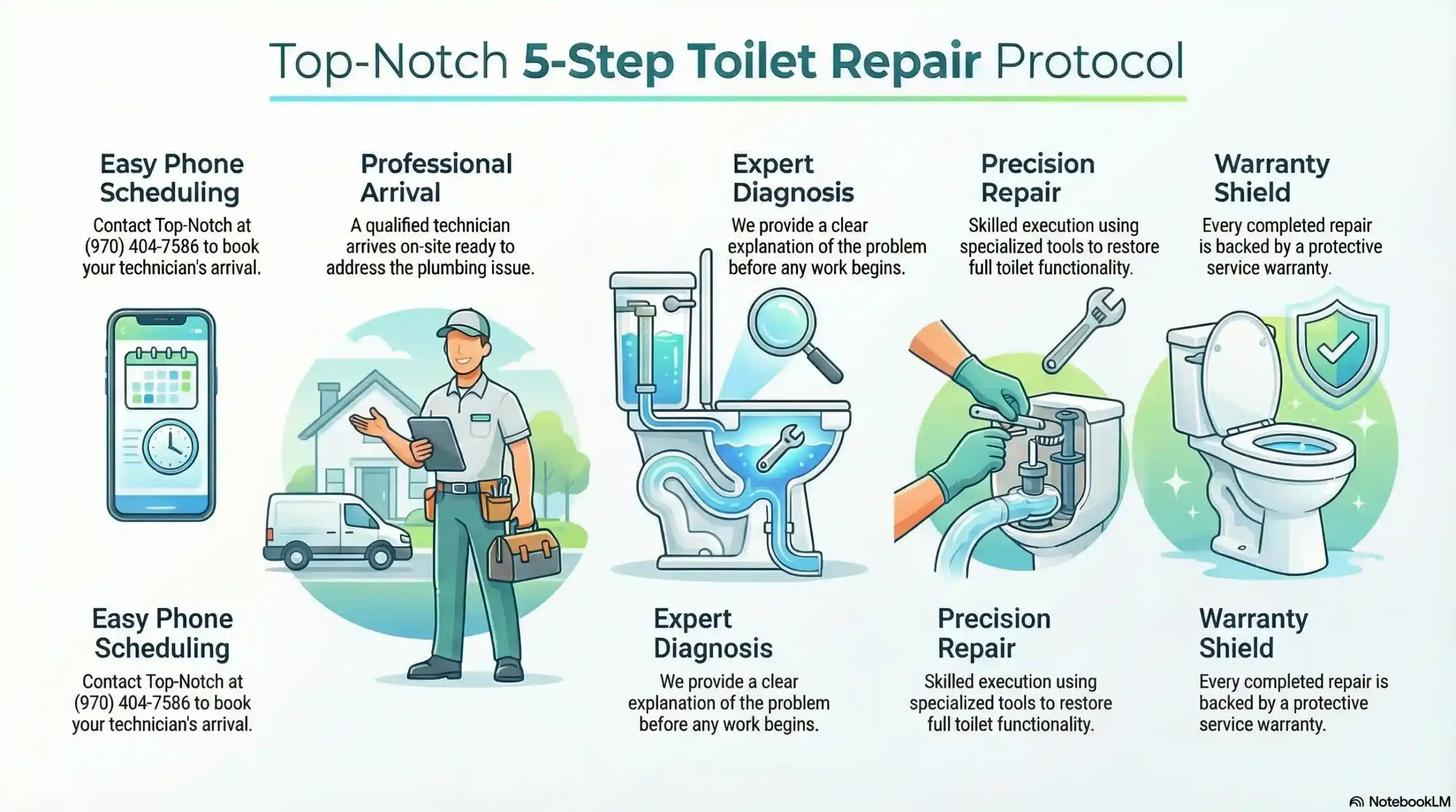 A horizontal 5-step graphic showing Top-Notch's toilet repair process: Scheduling, Arrival, Diagnosis, Repair, and Warranty, featuring their logo and phone number (970) 404-7586.