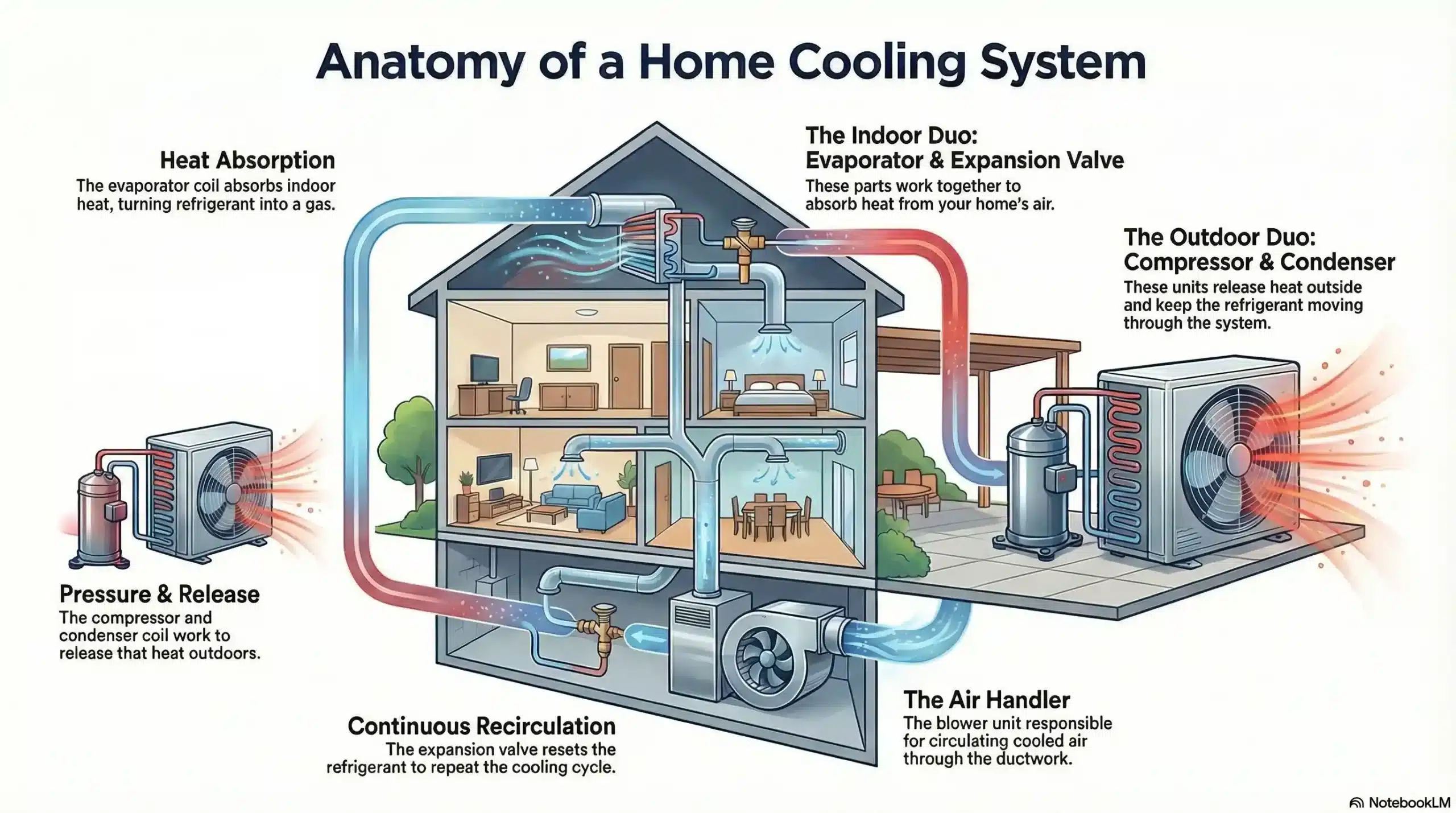 Infographic showing the cooling cycle flow and 5 AC components: compressor, condenser coil, evaporator coil, expansion valve, and air handler.