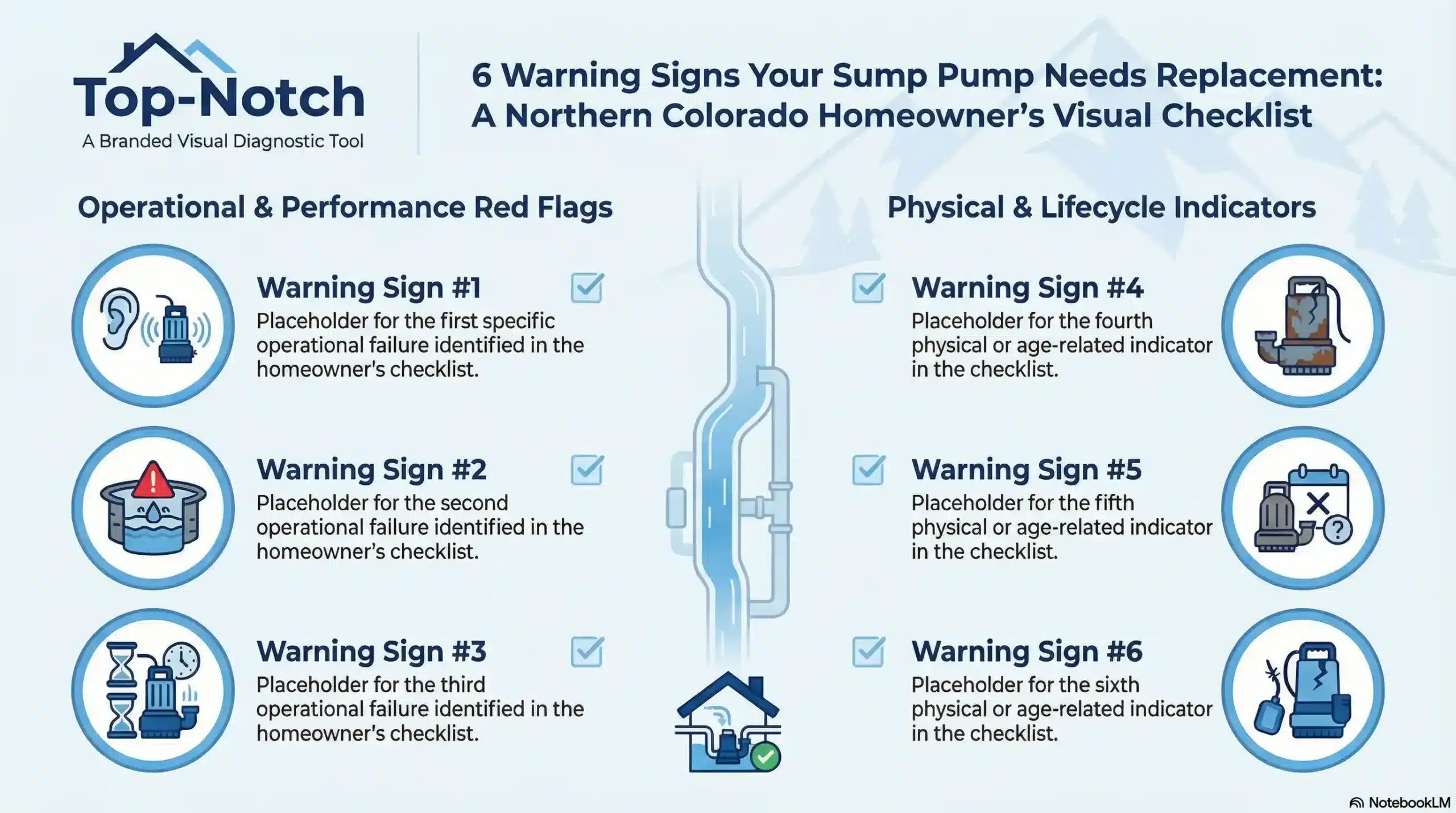 Infographic in Top-Notch navy blue and accent blue featuring icons for six warning signs that a sump pump needs replacing