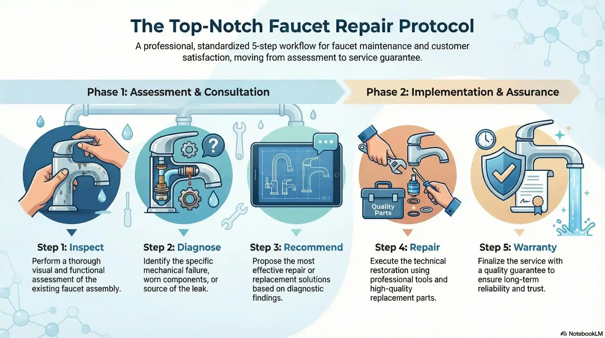 Infographic showing the five-step Top-Notch faucet repair process: Inspect, Diagnose, Recommend, Repair, and Warranty.
