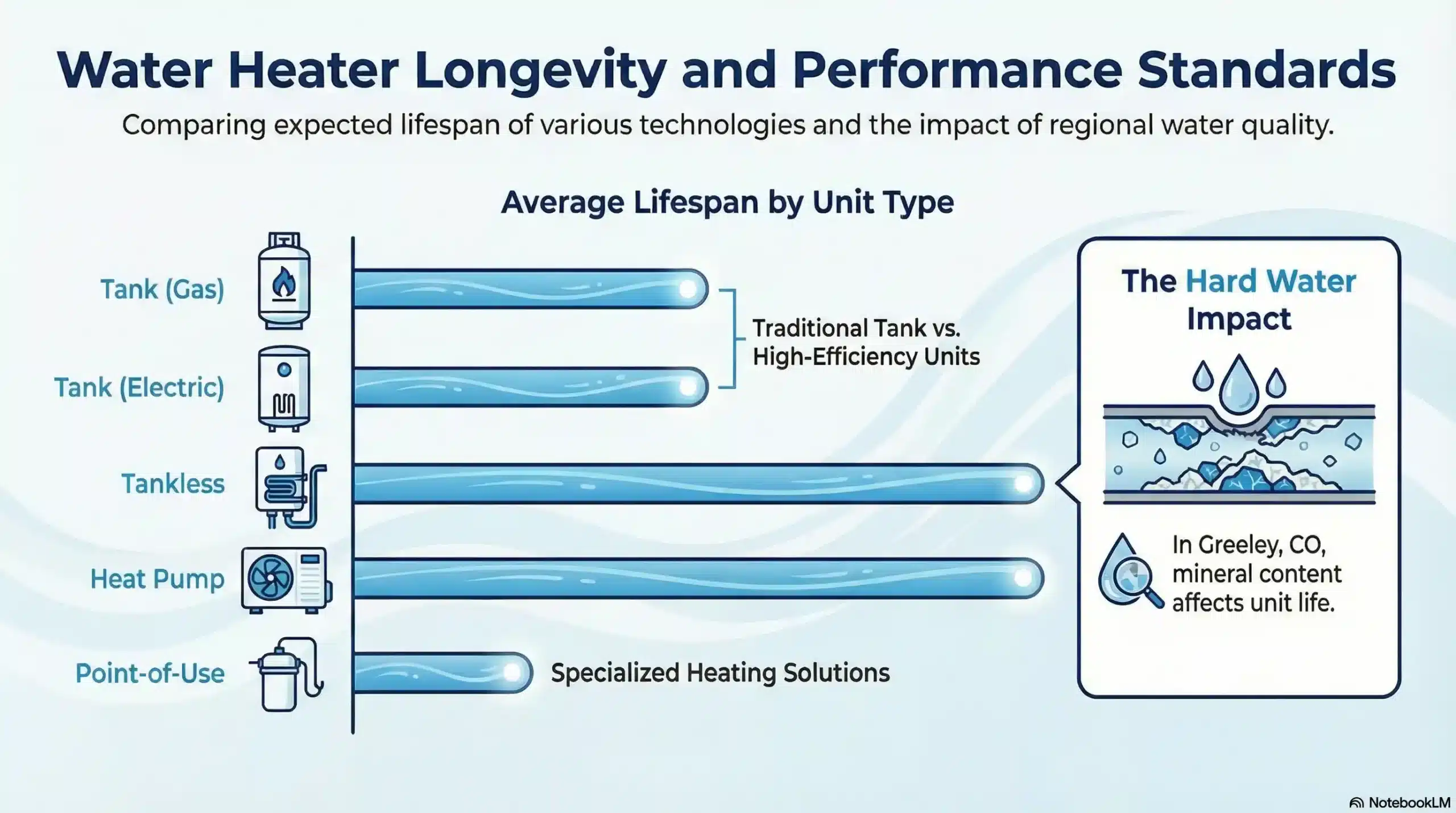 Bar chart showing the average lifespan of various water heater types and the impact of hard water