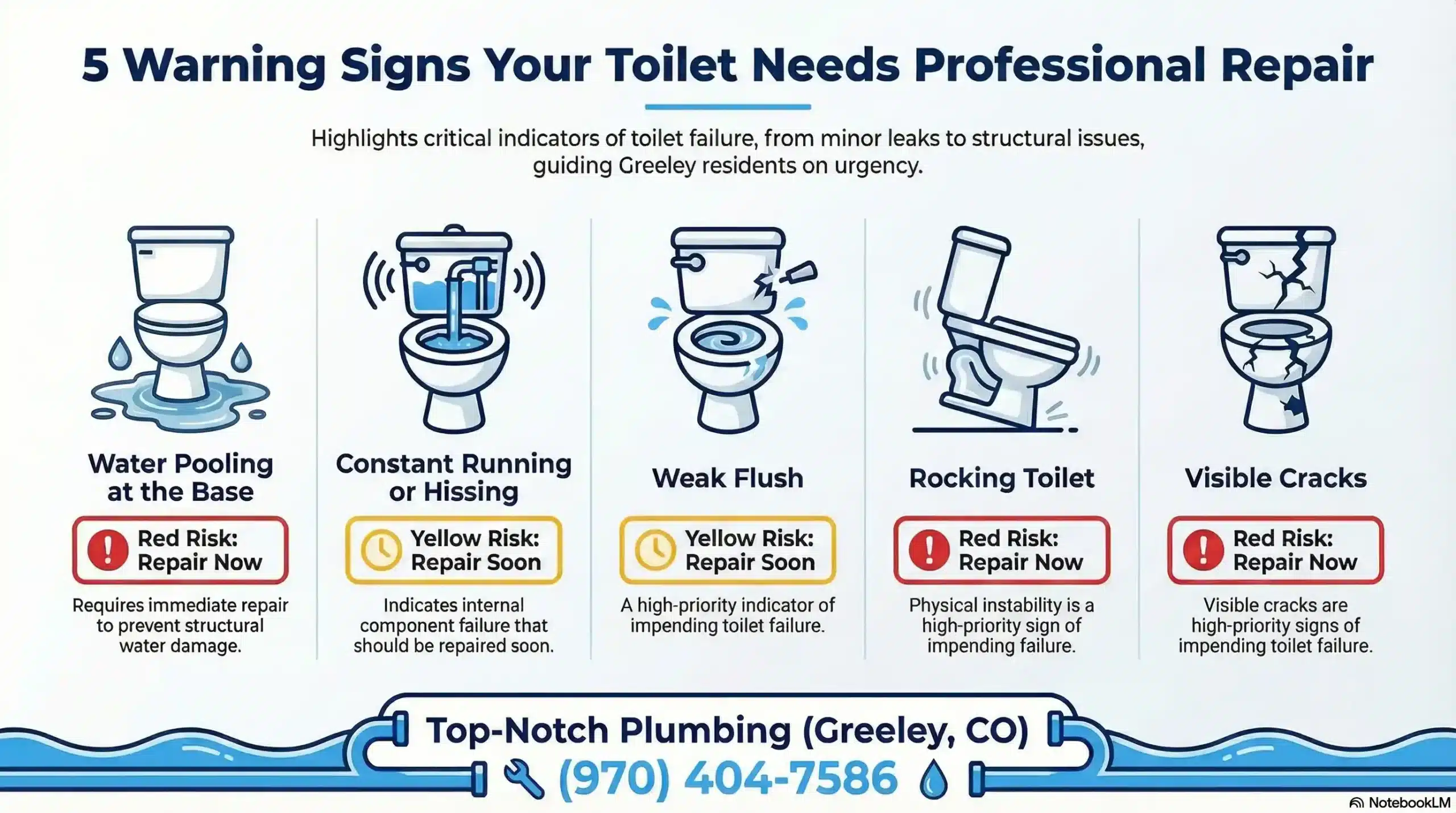 A navy and bright blue infographic by Top-Notch Plumbing displaying five toilet warning signs (pooling water, hissing sound, weak flush, rocking, and cracks) with yellow and red risk badges, plus the company logo and phone number (970) 404-7586.